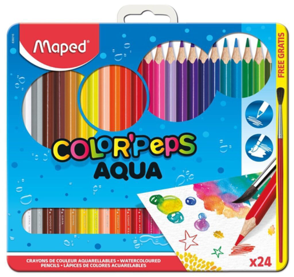 Карандаши цвет. акварельные 24цв  Maped Color Peps Aqua , с кисточкой, в мет.футляре