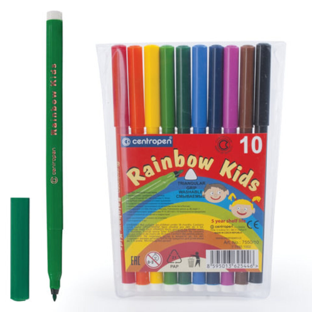 Фломастеры  10цв "Centropen rainbow kids", треуг.захват, пластик.уп-ка