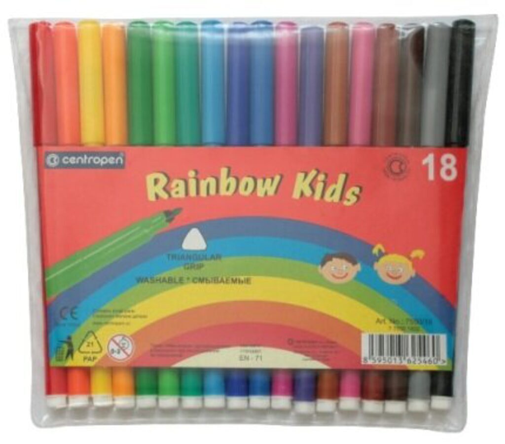 Фломастеры  18цв "Centropen rainbow kids", треуг.захват, пластик.уп-ка