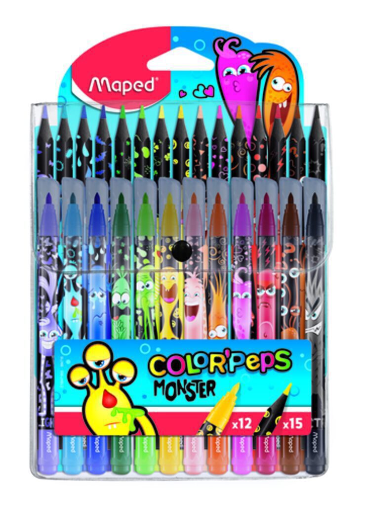 Набор д/рисования: 12фломастеров, 15 пластиковых цветных карандашей, в футляре
