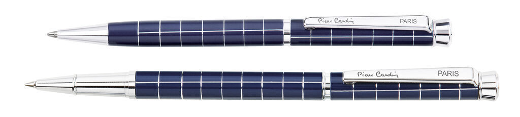 Набор: ручка шариковая+роллер Pier Cardin, корпус-латунь, т.синий лак. покрытие.Отделка-сталь, хром