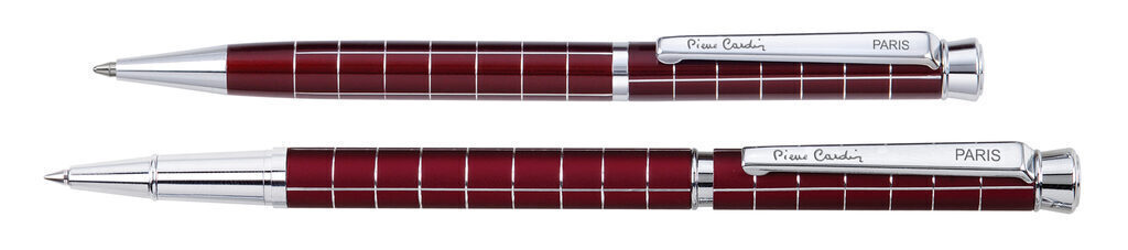 Набор: ручка шариковая+роллер Pier Cardin, корпус-латунь, т.красный лак. покрытие.Отделка-сталь,хром