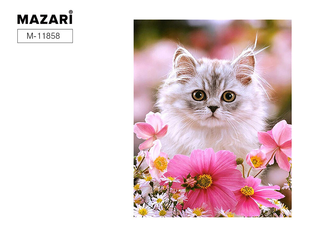 Мозаика алмазная по номерам на картоне с мольбертом 21*25см "Кошка в цветах"(частичная выкладка)