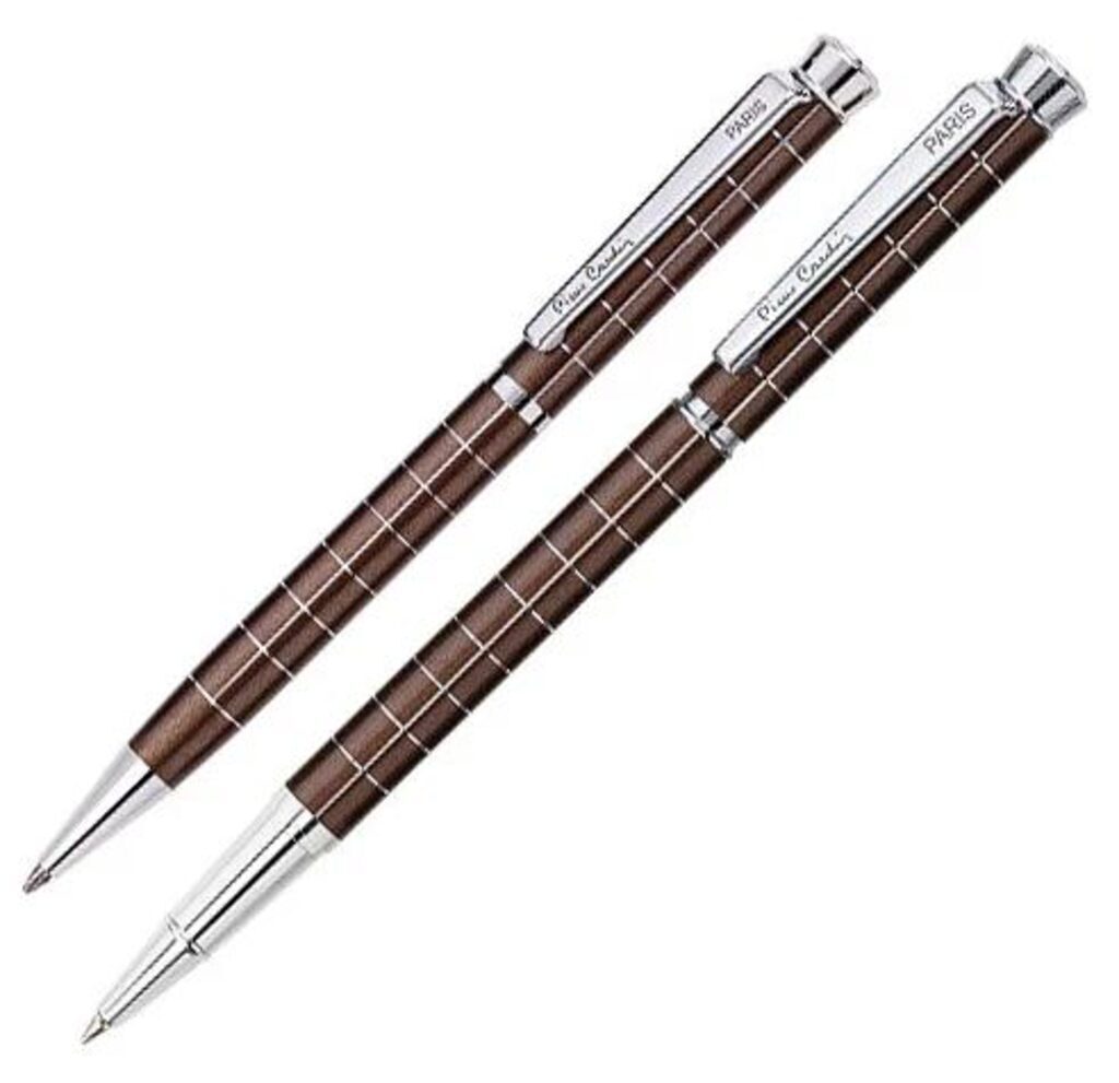Набор: ручка шариковая+роллер Pier Cardin, корпус-латунь, коричневый, лак, отделка-сталь, хром