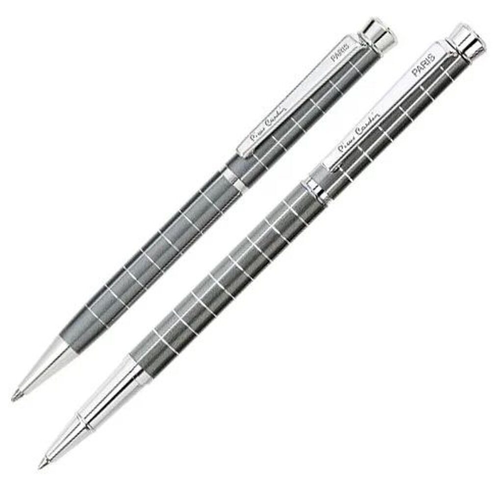 Набор: ручка шариковая+роллер Pier Cardin, корпус-латунь, ерый, лак, .отделка-сталь, хром