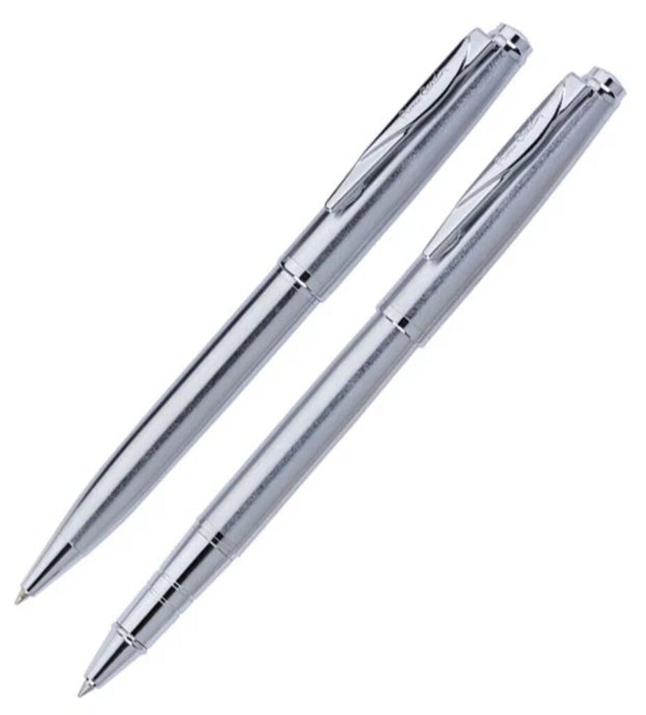 Набор: ручка шариковая+роллер Pier Cardin, корпус-латунь, серебро, отделка-сталь, хром