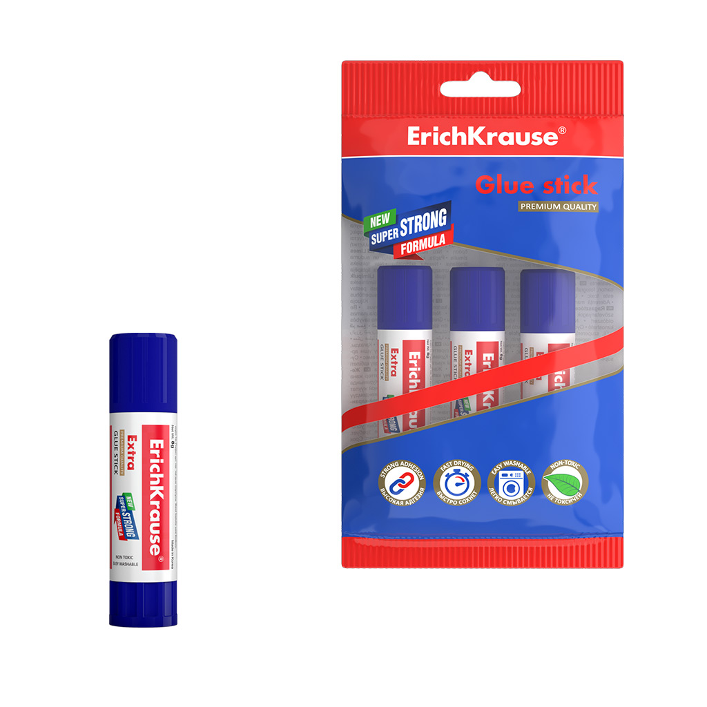 Клей-карандаш ErichKrause® Extra, 8г (в пакете по 3 шт.)