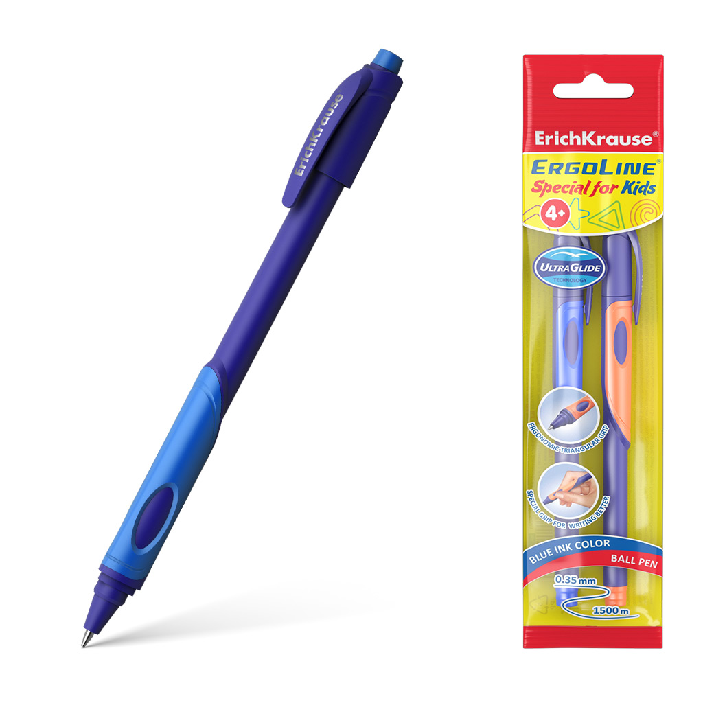 Набор из 2 ручек шариковых ErichKrause ErgoLine® Kids Stick&Grip Neon 0.7, Super Glide Technology, цвет чернил синий (в пакете)