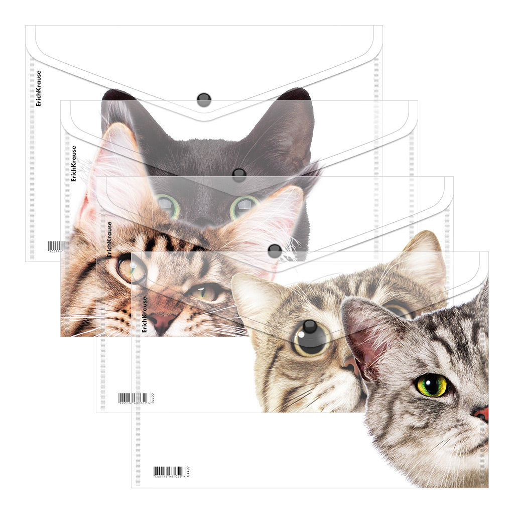 Папка-конверт на кнопке пластиковая ErichKrause Hiding Cats, A4, ассорти (в пакете по 12 шт.)