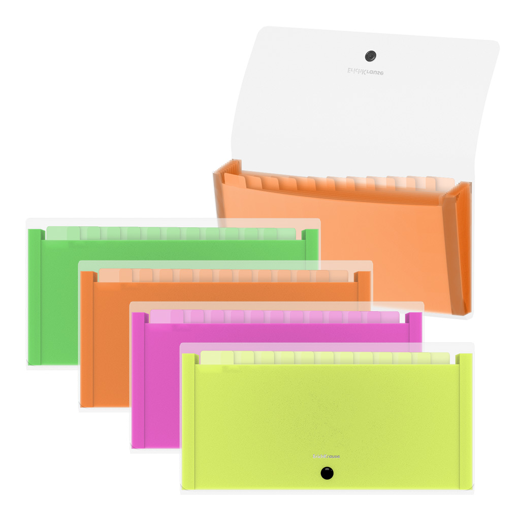 Папка-картотека пластиковая ErichKrause Matt Neon, с 13 цветными отделениями, Check size, прозрачный, ассорти (пак. по 4шт)