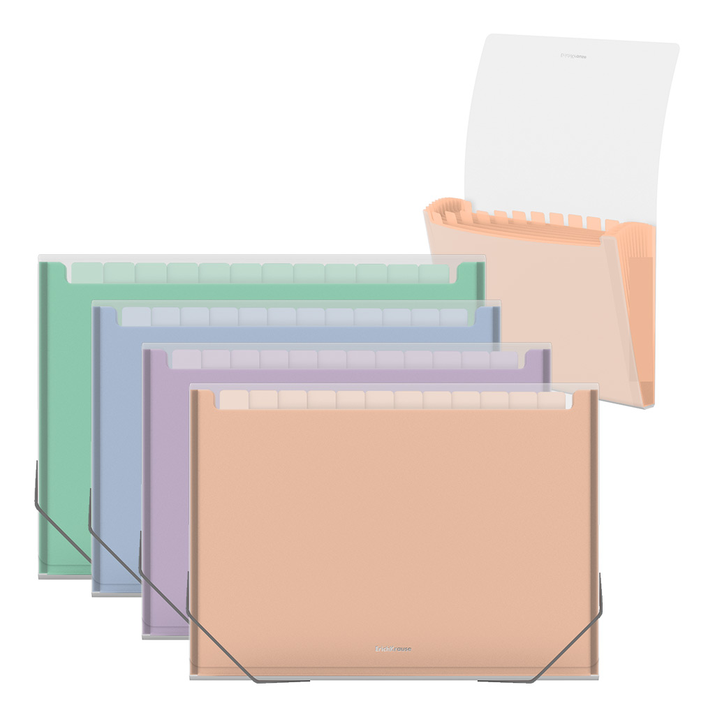 Папка-картотека пластиковая ErichKrause Matt Pastel Bloom, с 13 цветными отделениями, A4, прозрачный, ассорти (в пакете по 4 шт.)