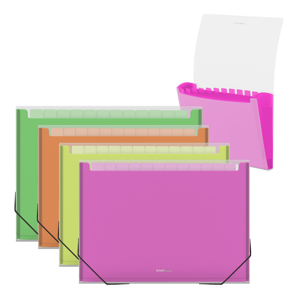Папка-картотека пластиковая ErichKrause Matt Neon, с 13 цветными отделениями, A4, прозрачный, ассорти (в пакете по 4 шт.)