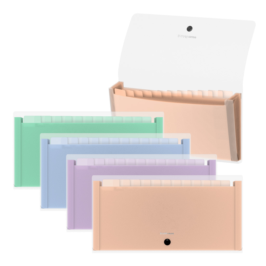 Папка-картотека пластиковая ErichKrause Matt Pastel Bloom, с 13 цветными отделениями, Check size, прозрачный, ассорти (пак. по 4шт)
