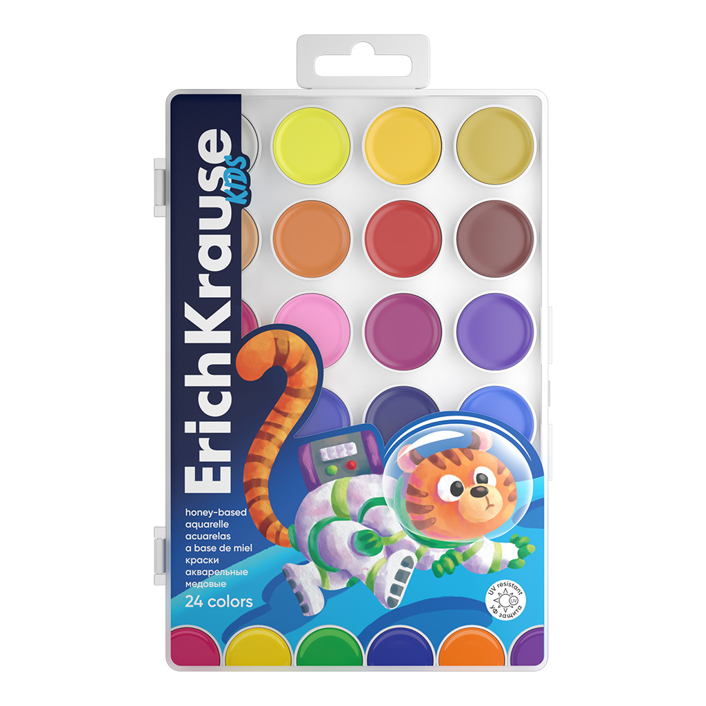 Краски акварельные ErichKrause Kids Space Animals медовые с УФ защитой яркости 24 цвета (в пластиков