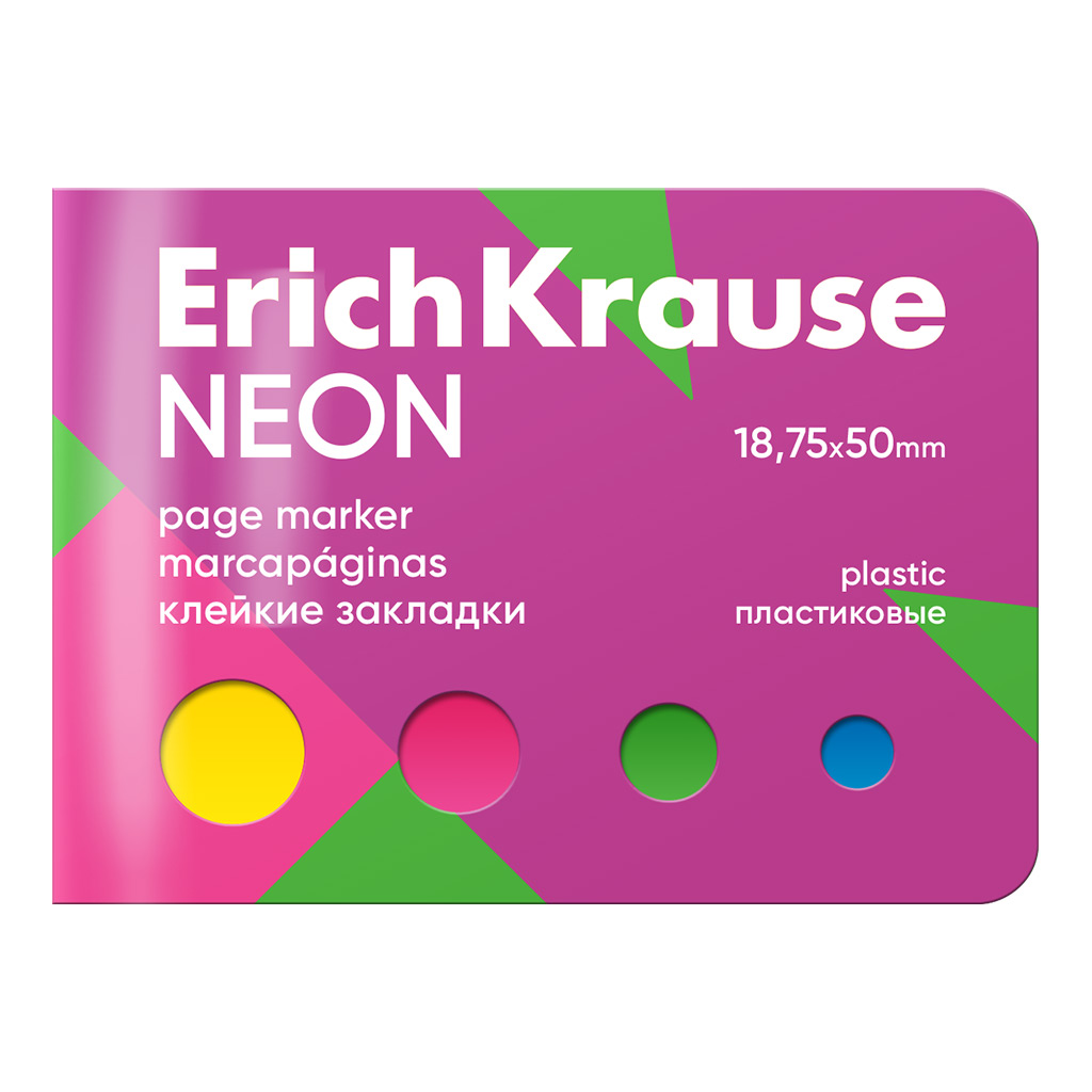 Клейкие закладки пластиковые ErichKrause Neon, 18.75x50 мм, 100 листов, 4 цвета, в картонной книжке