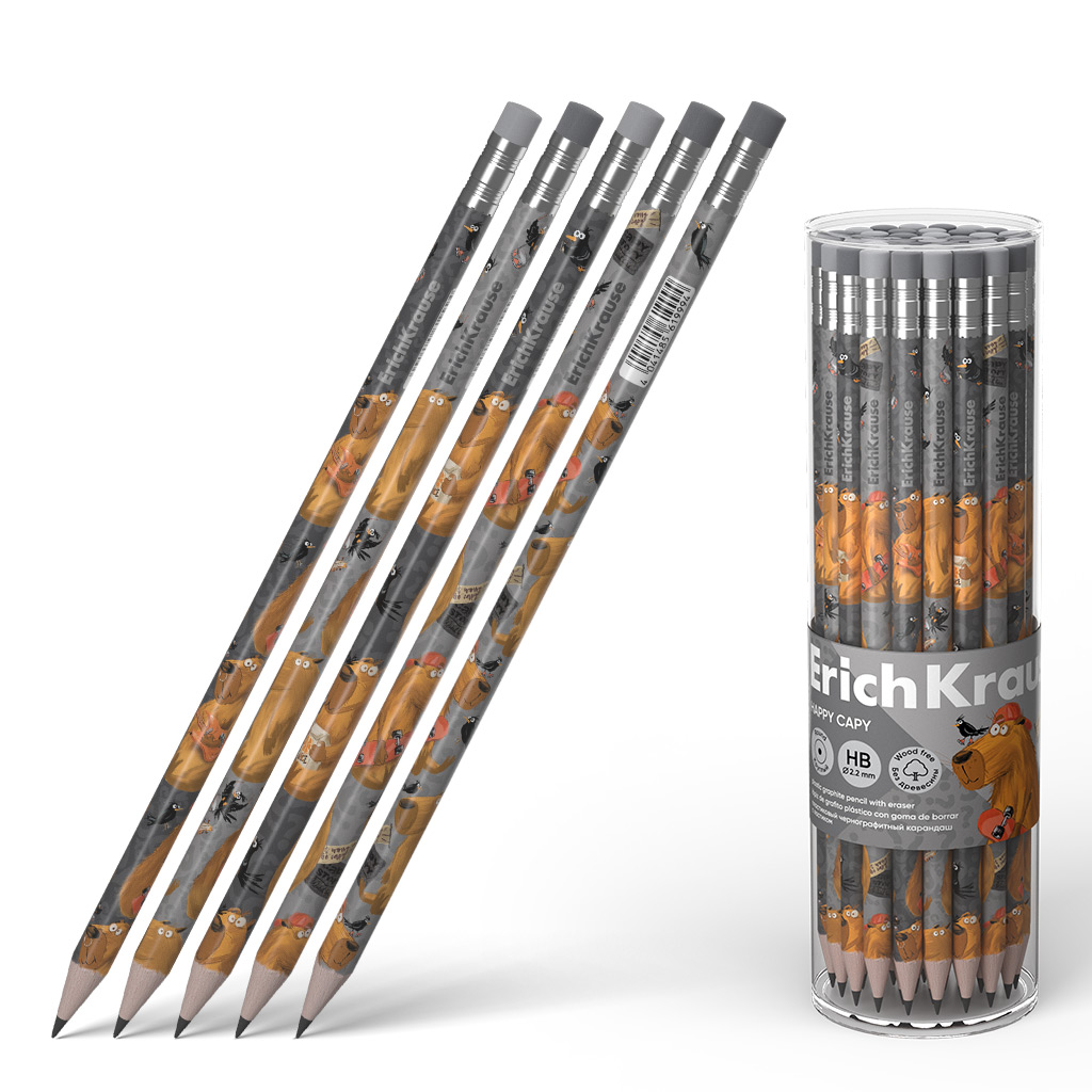 Чернографитный карандаш пластиковый  ErichKrause Happy Capy , круглый, с ластиком, HB (в тубусе по 42 шт.)