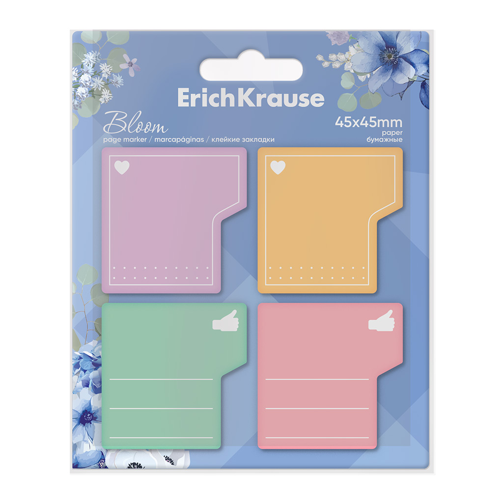 Клейкие закладки бумажные ErichKrause Pastel Bloom, 45X45 мм, 80 листов, 4 цвета