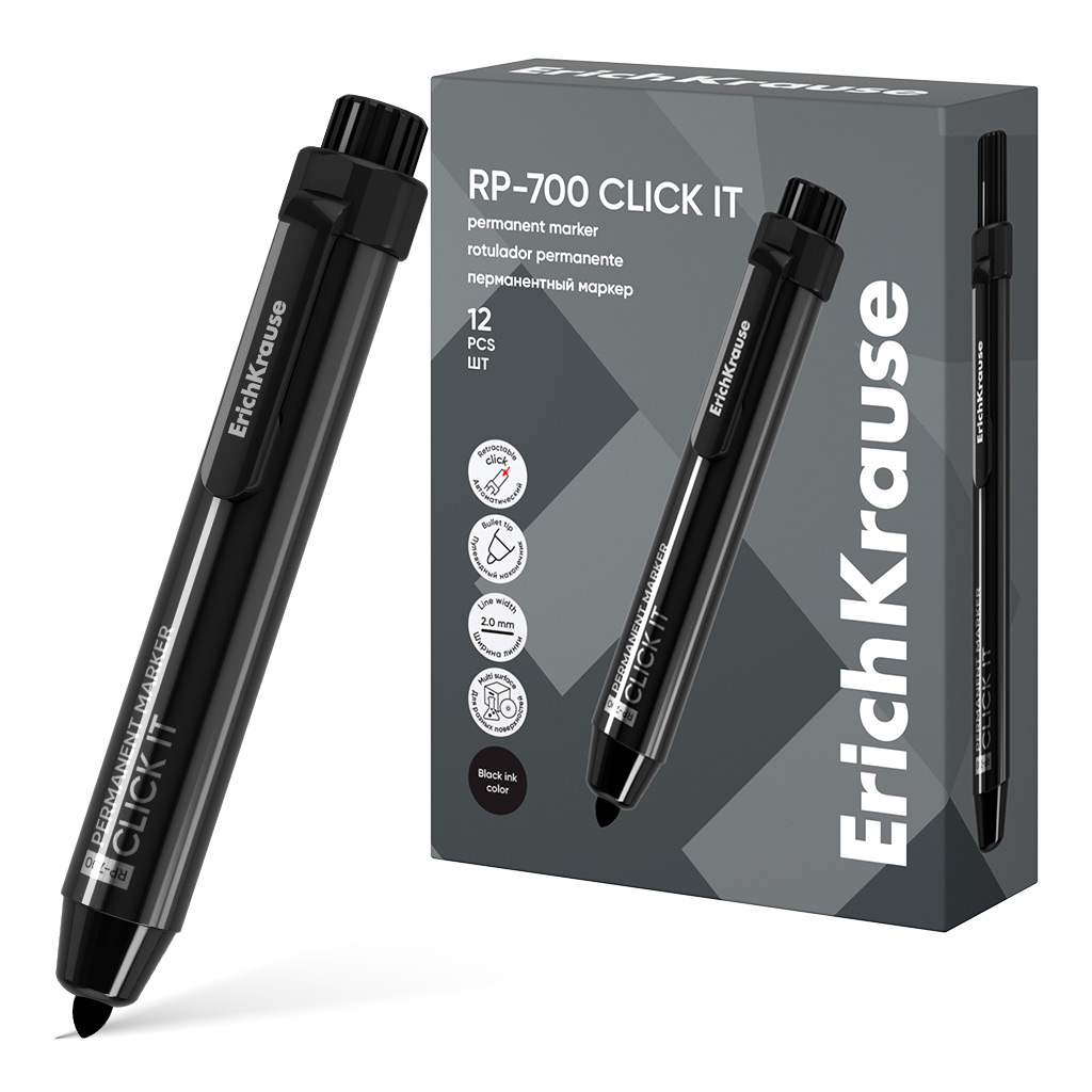 Перманентный маркер автоматический  ErichKrause RP-700 Click it, цвет чернил черный (в коробке по 12 шт.)
