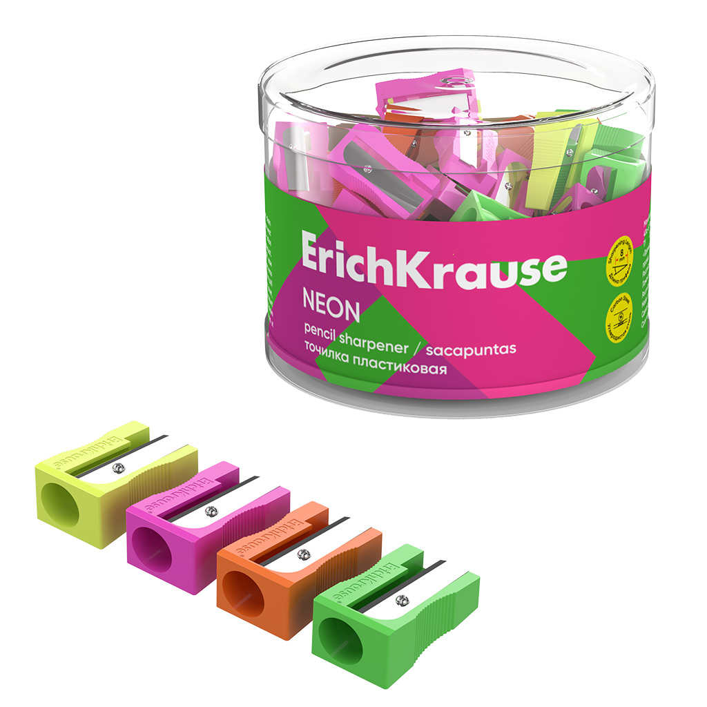 Точилка пластиковая ErichKrause EasySharp, Neon, ассорти (в тубусе по 60 шт)