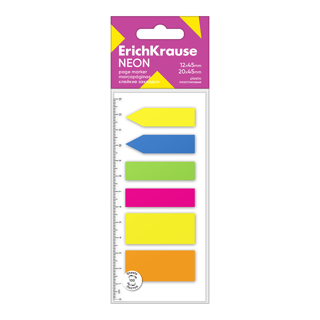 Клейкие закладки пластиковые ErichKrause Neon, 12х45 мм, 20x45 мм, 100 листов, 5 цветов