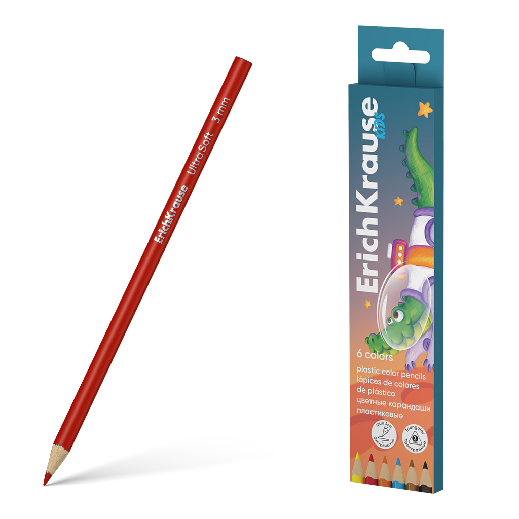 Цветные карандаши пластиковые ErichKrause Kids Space Animals трехгранные, грифель 3 мм, 6 цветов (в