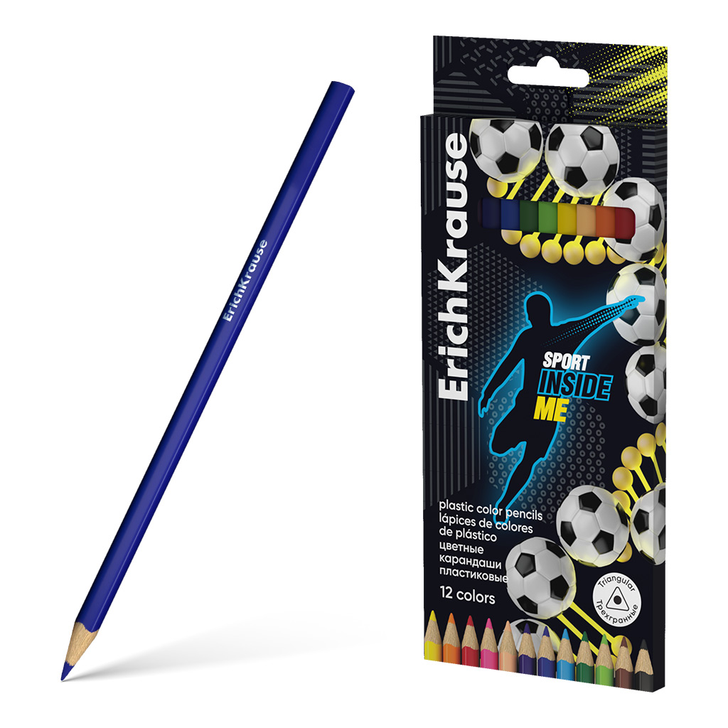 Цветные карандаши пластиковые ErichKrause Sport DNA трехгранные 12 цветов (в коробке с европодвесом 12 шт)