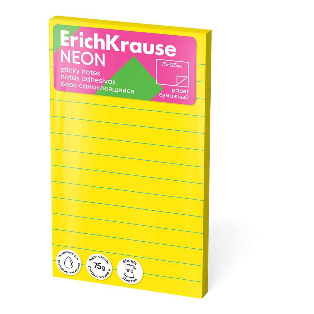 Блок самоклеящийся бумажный ErichKrause Neon, 75х125 мм, 100 листов, ассорти