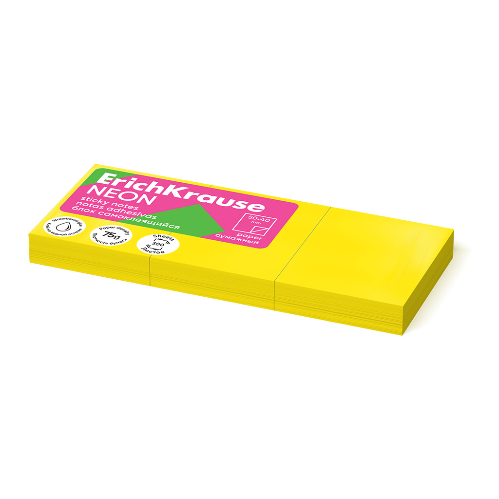 Блок самоклеящийся бумажный ErichKrause Neon, 40х50 мм, 300 листов, желтый