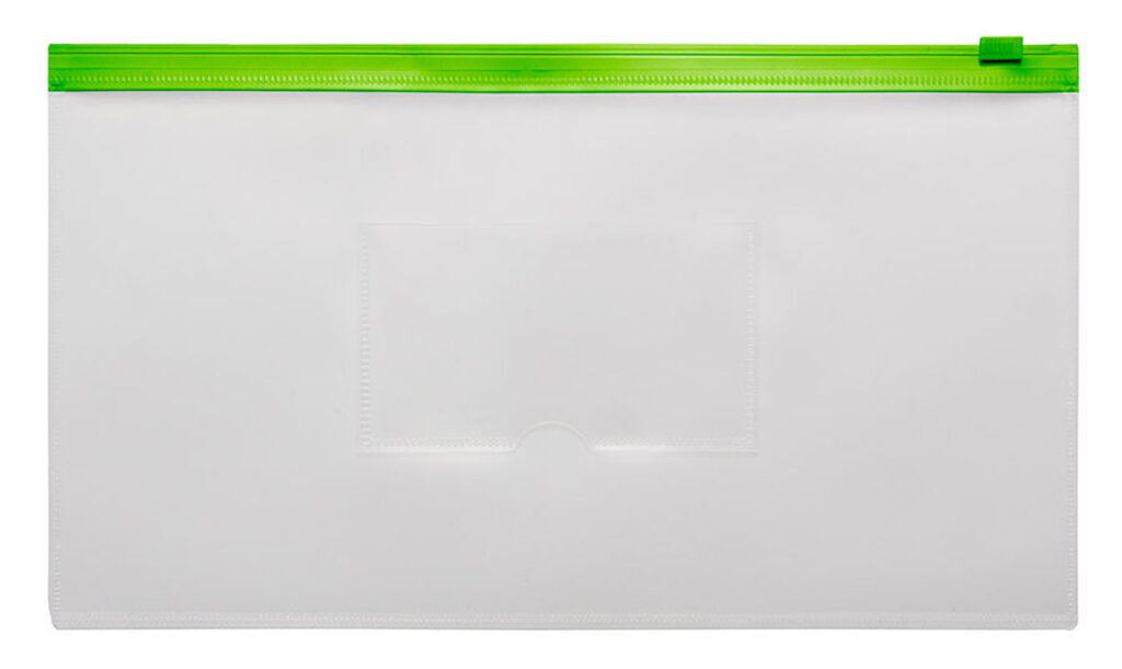 Конверт на молнии А6 0,15мм, карман д/визитки, зелёная молния