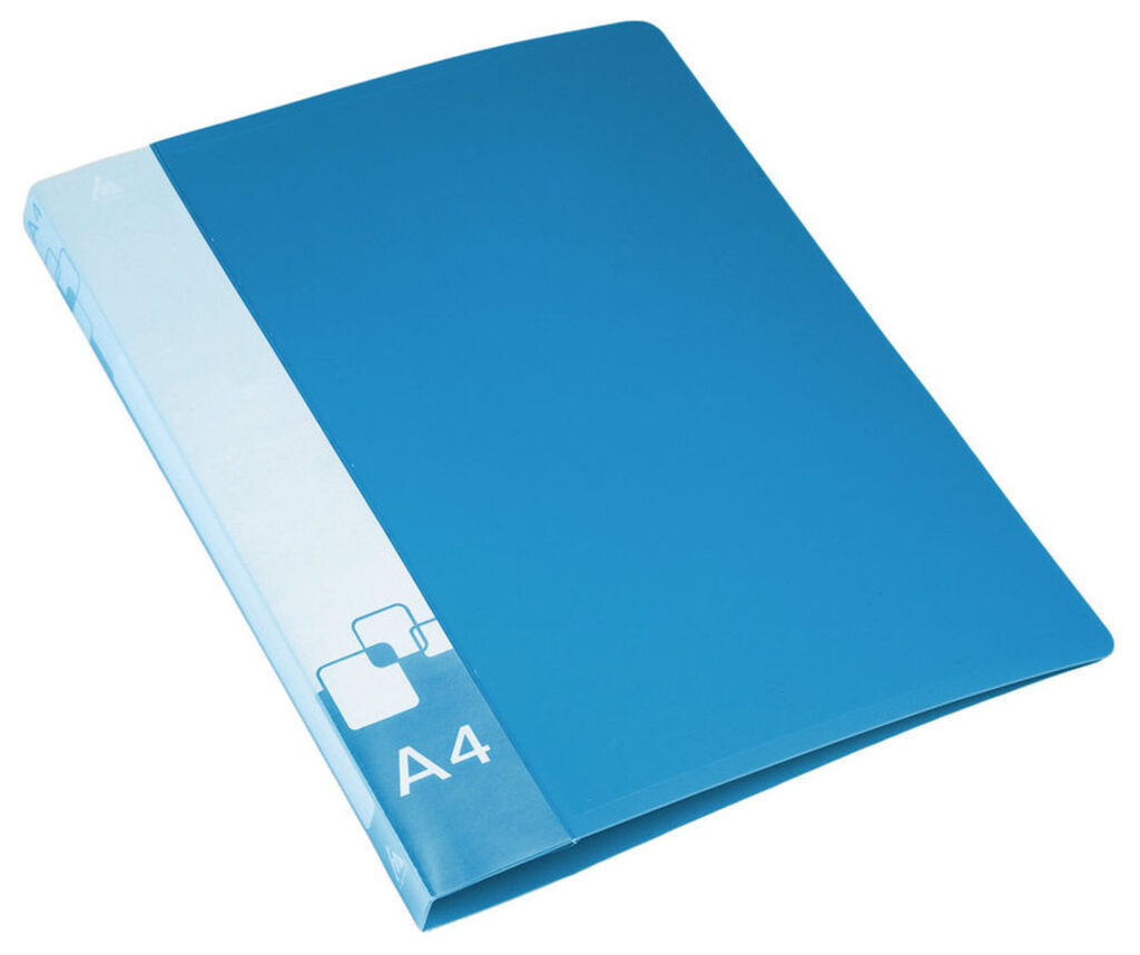 Папка 4 кольца 40 мм 0,8 мм пластик А4 синяя, внутр. карман, торц. карман с бум. вставкой