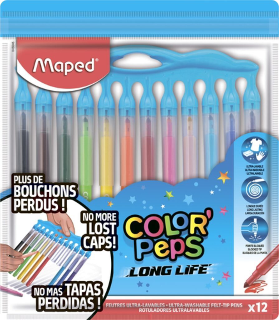 Фломастеры  12цв "Maped. Color peps long life", с нетеряющимся колпачком, смываемые