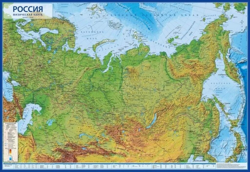 Карта России Физическая настенная 1:8, 5м, 101*70см, с ламинацией в тубусе